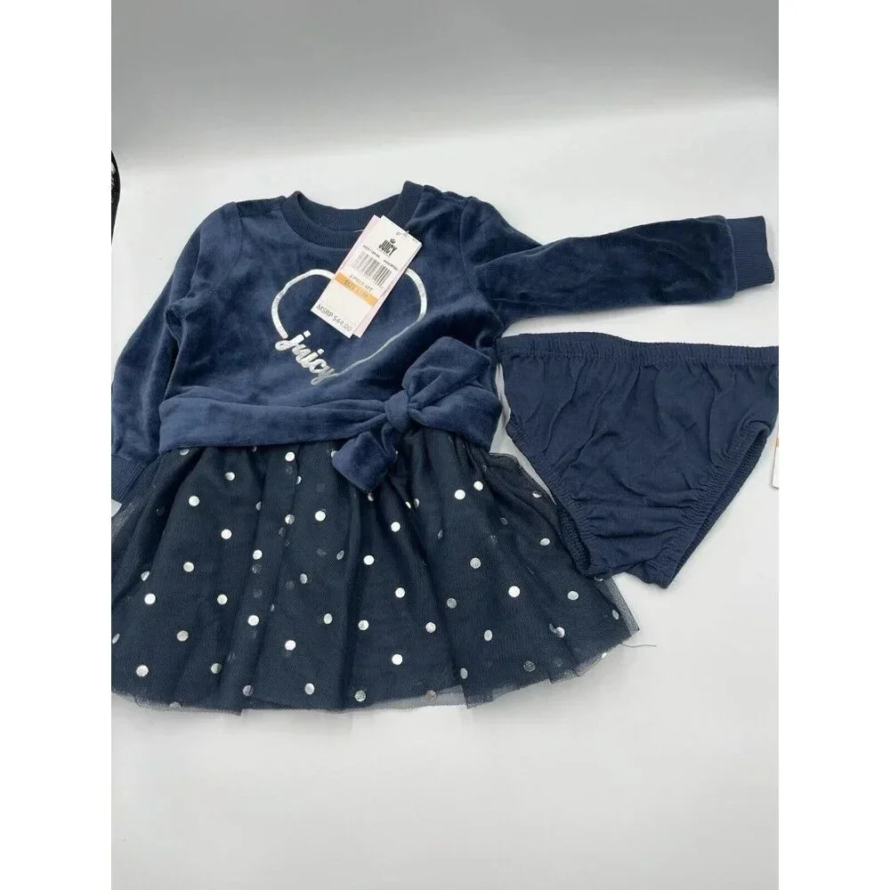 NWT Juicy Couture 12M Baby Girl 2-pc Velvet Navy Blue heart Ruffle/Long Sleeve - Picture 4 of 8